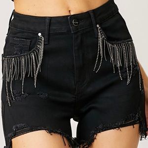 Rhinestone Hem Fringe Shorts